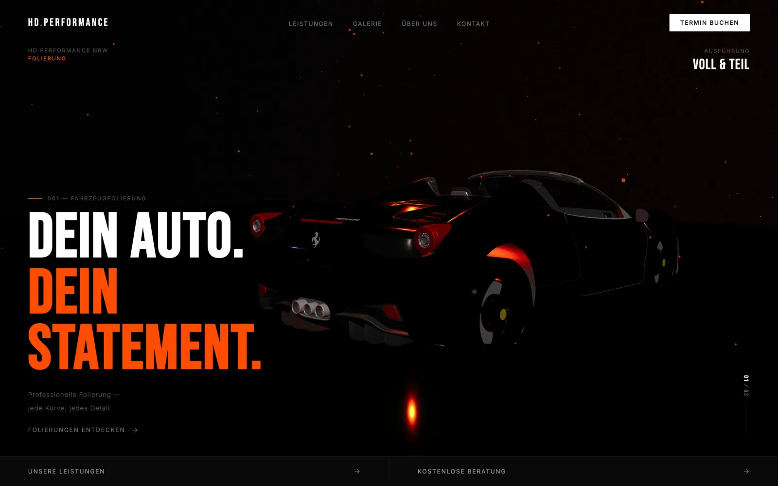 Startseite von HD Performance – dunkles, sportliches Webdesign für Fahrzeugfolierung