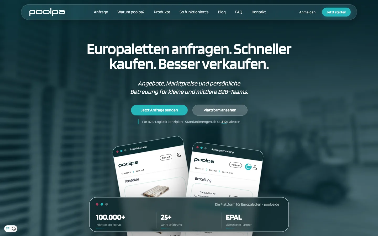 Startseite von poolpa.de, B2B-Plattform für Europaletten