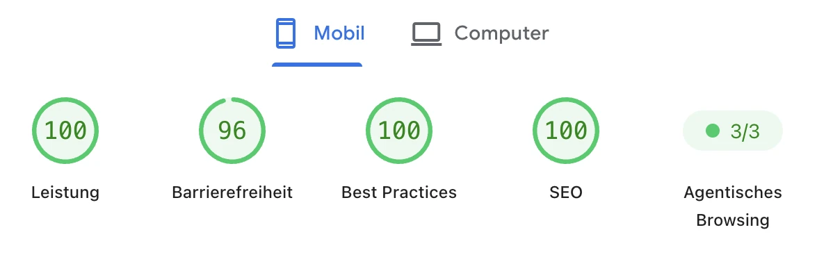 Google PageSpeed Insights für centric-marketing.de, Mobil: Leistung 100, Barrierefreiheit 96, Best Practices 100, SEO 100